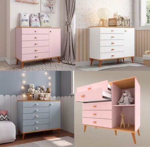 Cômoda Bartira Ternura 5 Gavetas e 1 Porta Azul Wood