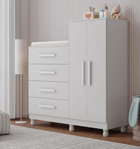 🚨 Cômoda Guarda Roupa Bebê Madeira Branca com Colchão Trocador
