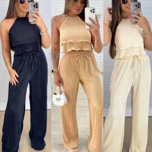 Conjunto Feminino Plissado Blusa Cropped Sem Manga e Calça Pantalona Cintura Alta Confortável Moda Casual Chic