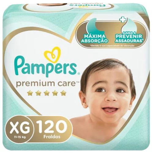 Fralda Descartável Pampers Premium Care – Tamanho XG, 120 Unidades – Proteção Suave com ajuste flexível e respirável, Ajuda a Prevenir Assaduras em seu Bebê, com Loção Hipoalergênica