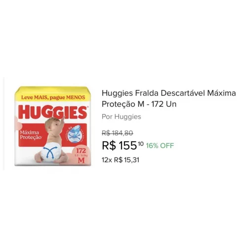 Huggies Fralda Descartável Máxima Proteção M - 172 Un
