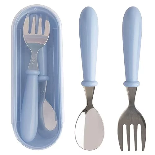 🛍️Jogo Talheres Colher Garfo Inox Infantil Kit Com Estojo Bebê, introdução alimentar, passeios e viagens, Azul - Clink