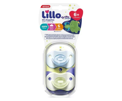 Kit 2 Chupetas 100% Silicone Calming Brilha no Escuro Bico Simétrico Lillo 6+ meses