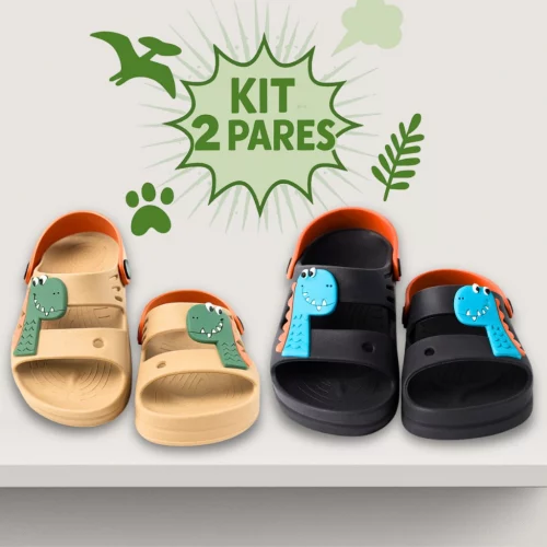 Kit 2 Pares Sandália Papete Menino Infantil Dino Preto e Bege Confortável Promoção do Dia a Dia