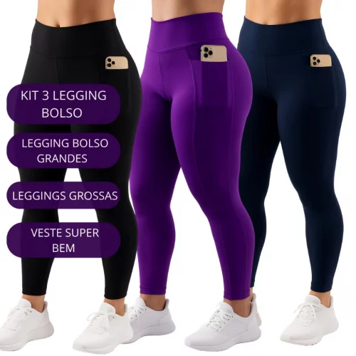 🧡 Kit 3 Calça Legging Feminina com Bolso Lateral Fitness Esportiva ideal guardar objetos