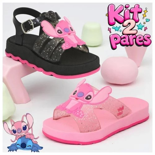 Kit sandália e chinelo infantil feminina menina stitch tira h papete confortável lançamento
