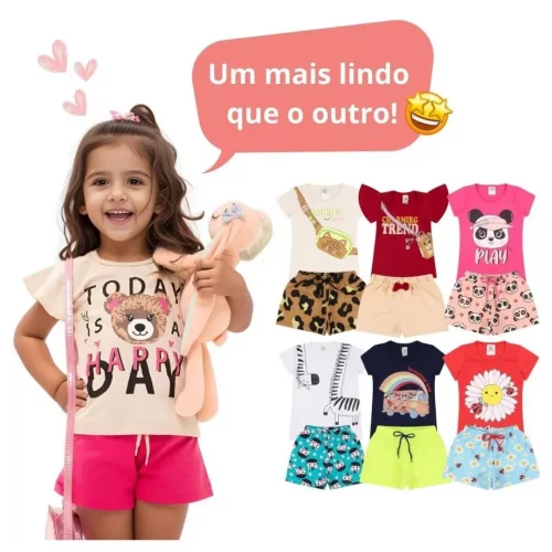 Kit Sortido 12 Peças de Roupas Infantil Menina - 6 Camisetas + 6 Bermudas