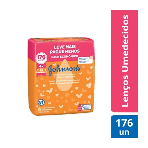 Lenços Umedecidos Johnson's Baby Limpeza e Suavidade 176 Unidades (4 pacotinhos com 44 unidades cada)