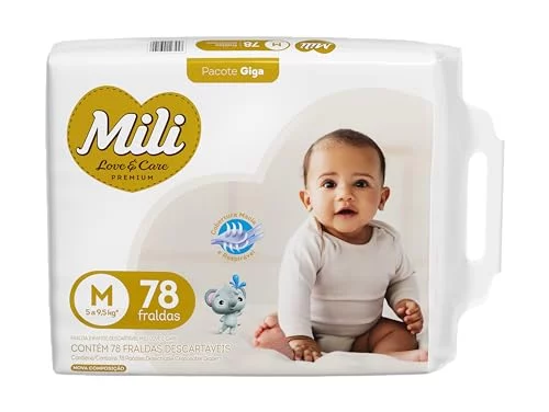 🛍️Mili Fralda Infantil Love & Care Tamanho M, Alta Absorção, Ajuste Confortável, 78 Unidades