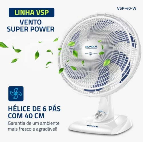 🚨 MONDIAL Ventilador de Mesa 40cm Super Power, Branco/Azul, 140W, 220V - VSP-40-W