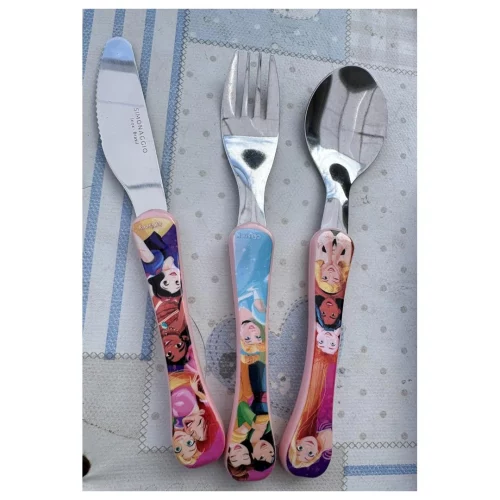 SIMONAGGIO Jogo de Talheres Infantil Disney Kids Princesas - Kit de Talheres de Aço Inox Com Cabo Plástico - Multicor - 3 Peças