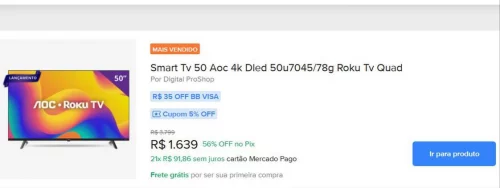 🔥 Smart Tv 50 Aoc 4k Dled 50u7045/78g Roku Tv