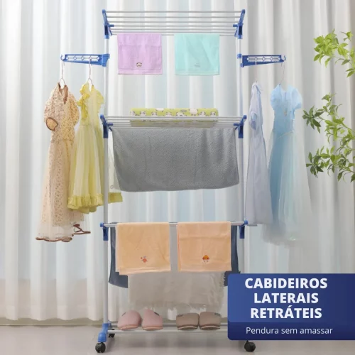 Super Varal De Chão Aço 3 Andares Dobrável Retrátil Resistente Multiuso Grande Super Pratico Para Roupas Com 4 Rodas Vertical Compacto Fácil Montagem ...
