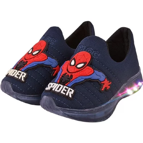 Tênis Led Infantil Luzinha Menino Meia Calce Fácil Leve Flexível PLOC LED07 - MARINHO SPIDER - tam 20 ao 33