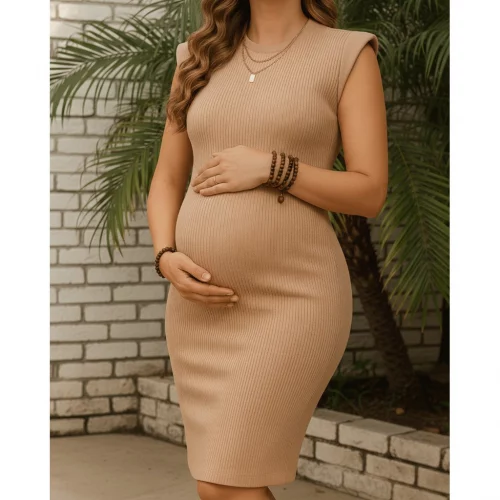 🛍️Vestido Midi Gestante Muscle Tee Canelado Gravidez Regata Elegante Confortavel Casual Festa M Ao G1