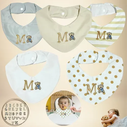 Babador Bandana Personalizado Inicial Do Nome Do Bebe Ursinho Duplo Bandana 100% Algodão Kit Com 5