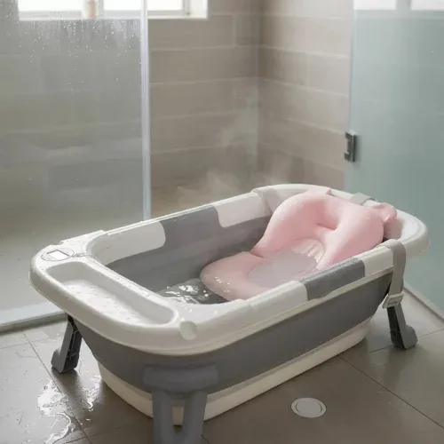 Banheira Bebe Dobrável Mais Almofada Flutuante Termometro