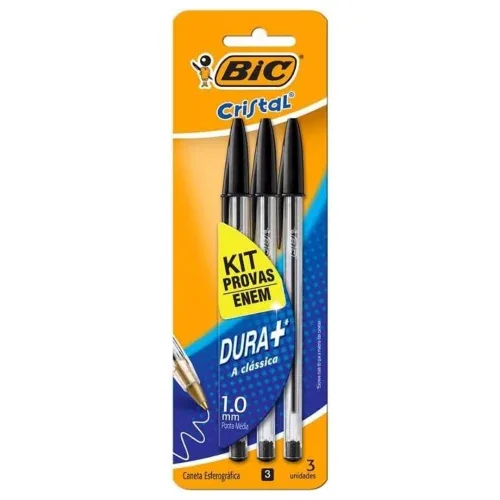 BIC 930095 Kit Enem - Caneta Esferográfica Cristal Dura Mais, A Clássica, com 3 Canetas Pretas, Ideal para o Enem