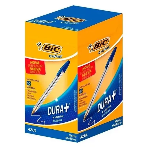 Caneta Bic Azul Cristal Dura Mais – Ponta Esferográfica Média de 1.0mm. Escrita Macia e Cor Intensa