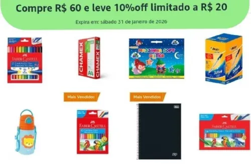 Compre R$ 60,00 em papelaria e ganhe 10% Off