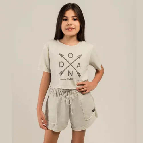 Conjunto Bermuda Feminina Moletom Blusa Manga Curta Juvenil-Tam: 10 a 16 anos