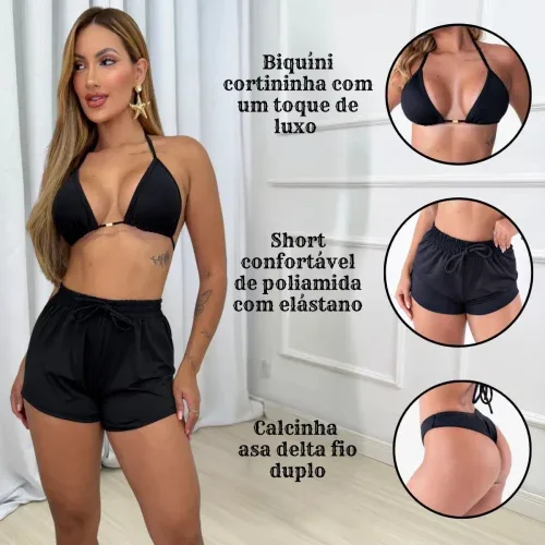 Conjunto Biquíni Short 3 Peças Tendência Saída Praia Piscina