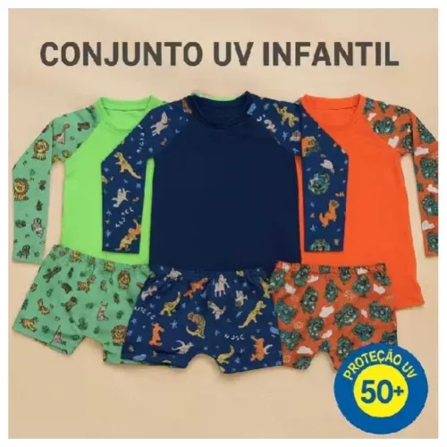 Conjunto Infantil Menino Camisa UV Manga Longa  + Sunga Boxer para Praia/Piscina