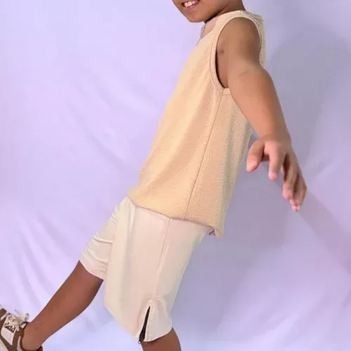 Conjunto Infantil Menino Oversized Regata Machão Texturizada Shorts Com Zíper Na Lateral Moletinho