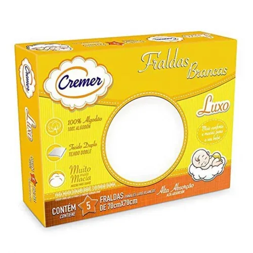 Cremer Fralda Luxo Branca 70 X 70 Cm Pc Com 5 Unidades (Embalagem Pode Variar)