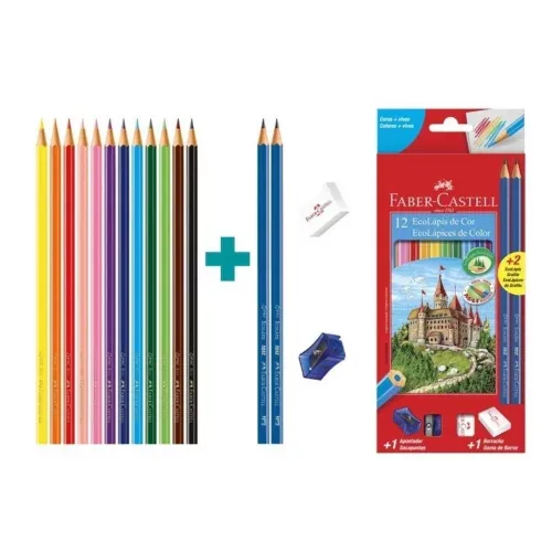 EcoLápis de Cor Regular Faber-Castell 12 Cores + 2 Lápis Max, Apontador, e Borracha