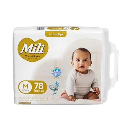 Fralda Infantil Descartável Mili Love & Care Premium Rápida Absorção Tamanho M com 78 unidades - 6 Camadas de proteção, bebe sequinho e confortável