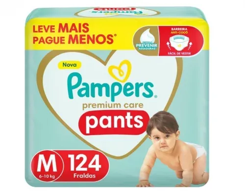 Fralda Pampers Pants Premium Care M 124 unidades (Fralda Roupinha)