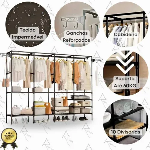 🚨 Guarda Roupa Dobravel Closet Aberto Organizador De Roupas Desmontavel E Arara Organizadora 4 Colunas Em Aço Resistente Rishon Preto