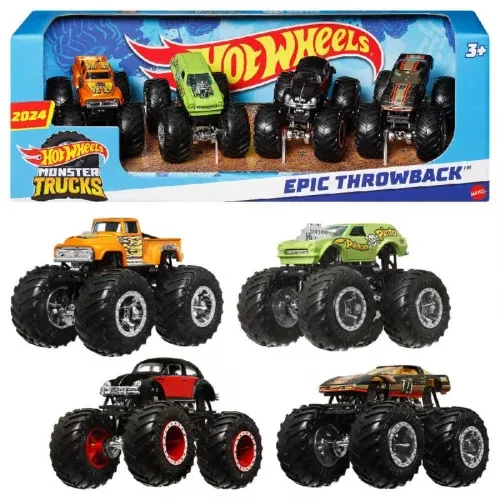 Hot Wheels Monster Trucks Veículo de Brinquedo Pacote Surpresa 4 carros Escala 1:64 para crianças a partir de 3 anos