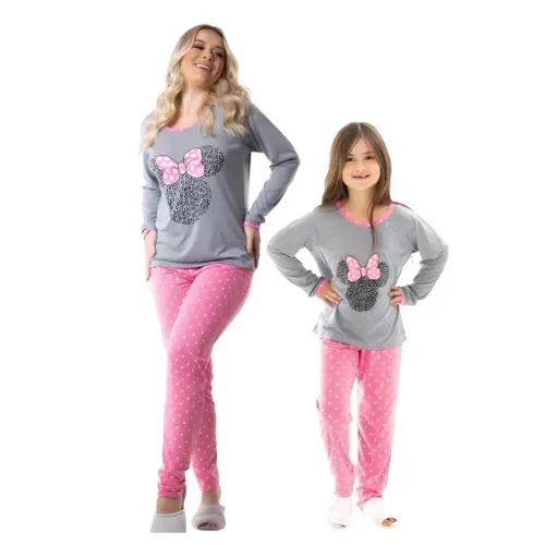 Kit 2 Pijamas Malha Premium Mae e Filha Gatinho Inverno Blusa Manga Longa Confort