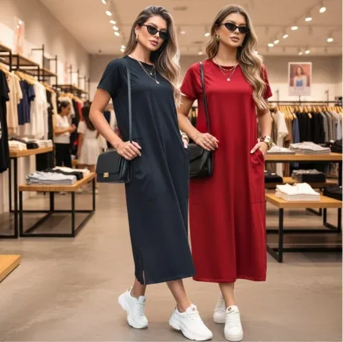 Kit 2 Vestido Midi Elegante Bolso Lateral Moda Comfy Casual