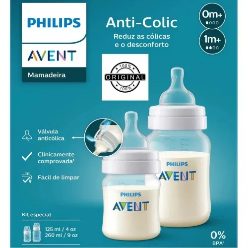 Kit 2un Mamadeira Philips Avent Anti-colic 125ml + 260ml, Transparente, SCY119/05