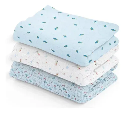 Kit 3 Cueiros Bebê Manta Estampado E Flanelado 80cm X 50cm Cor Menino Azul