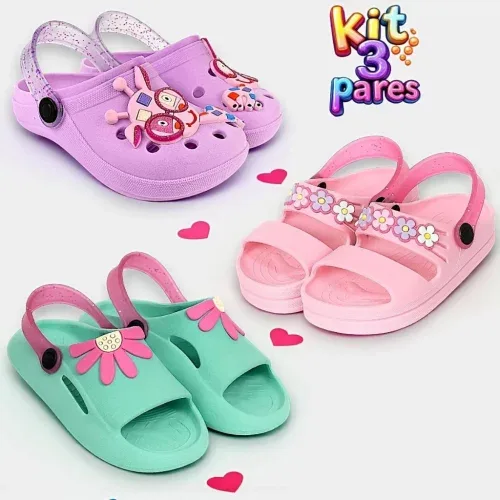 Kit 3 Pares Sandália Papete Infantil Menina Confortáve-Tam: 21 a 28
