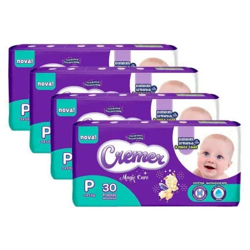 Kit 4 Fralda Cremer Magic Care Tamanho P Pacote Jumbo 30 Unidades Descartáveis