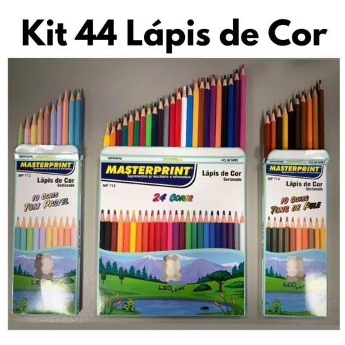 Kit 44 Lápis de Cor (24 CORES + 10 Cores Tom Pastel +10 Cores Tons de Pele) Escolar Sextavado