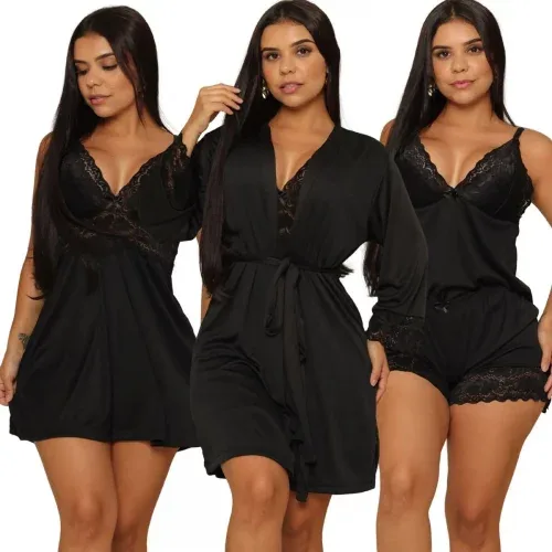 🛍 Kit Camisola Sexy Feminina + Baby Doll Luxo + Robe Com Renda