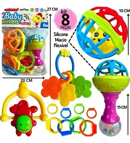Kit Chocalho Mordedor Silicone Macio Bola Colorida 8 Peças