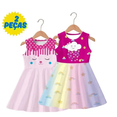 Kit com 2 Vestidos Infantil Estampados Menina Gatinha e Chuva de Amor