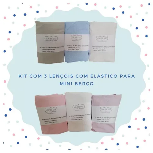 Kit com 3 lençol para mini berço com elástico percal 180 fios