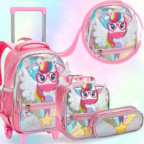 Kit com Mochila, Estojo e Lancheira Infantil Escolar com Rodinha (Vários personagens disponíveis)