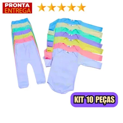Kit Enxoval Infantil 10 Peças Body Manga Longa E Mijao De Bebê Menino E Menina