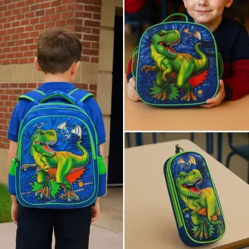 Kit Escolar 3D Dinossauro Mochila + Estojo + Lancheira Termica