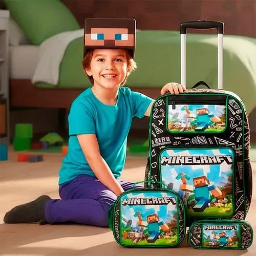 Kit Escolar Mochila Rodinha Estojo Lancheira Infantil Heróis