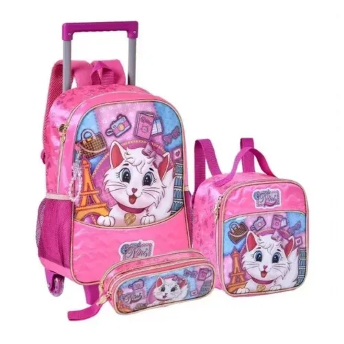 Kit Escolar Mochila Rodinha Gatinha Meninas Estojo e Lancheira